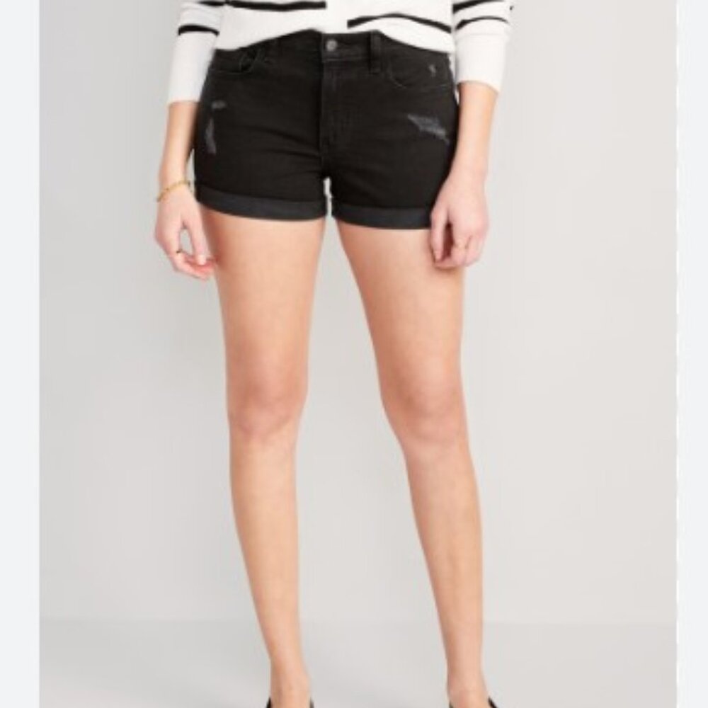 Women's / Teen Mid-Rise Black-Wash Ripped Boyfriend Jean Shorts -- 3 inch seam